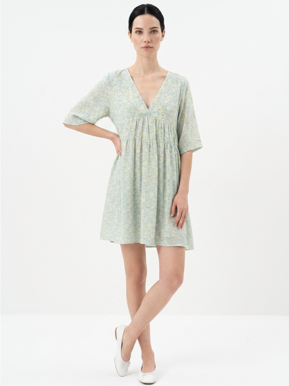 mittoshop Light Blue Floral Empire-Waist V-Neck Midi Dress with Yellow Accents
